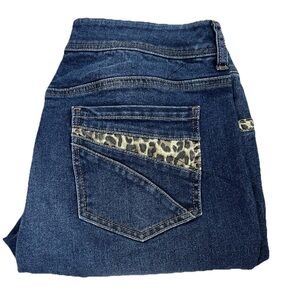 Chicos Jeans Size 1 Us 8 Leopard Print trim Ankle Skinny Dark Blue Preppy High